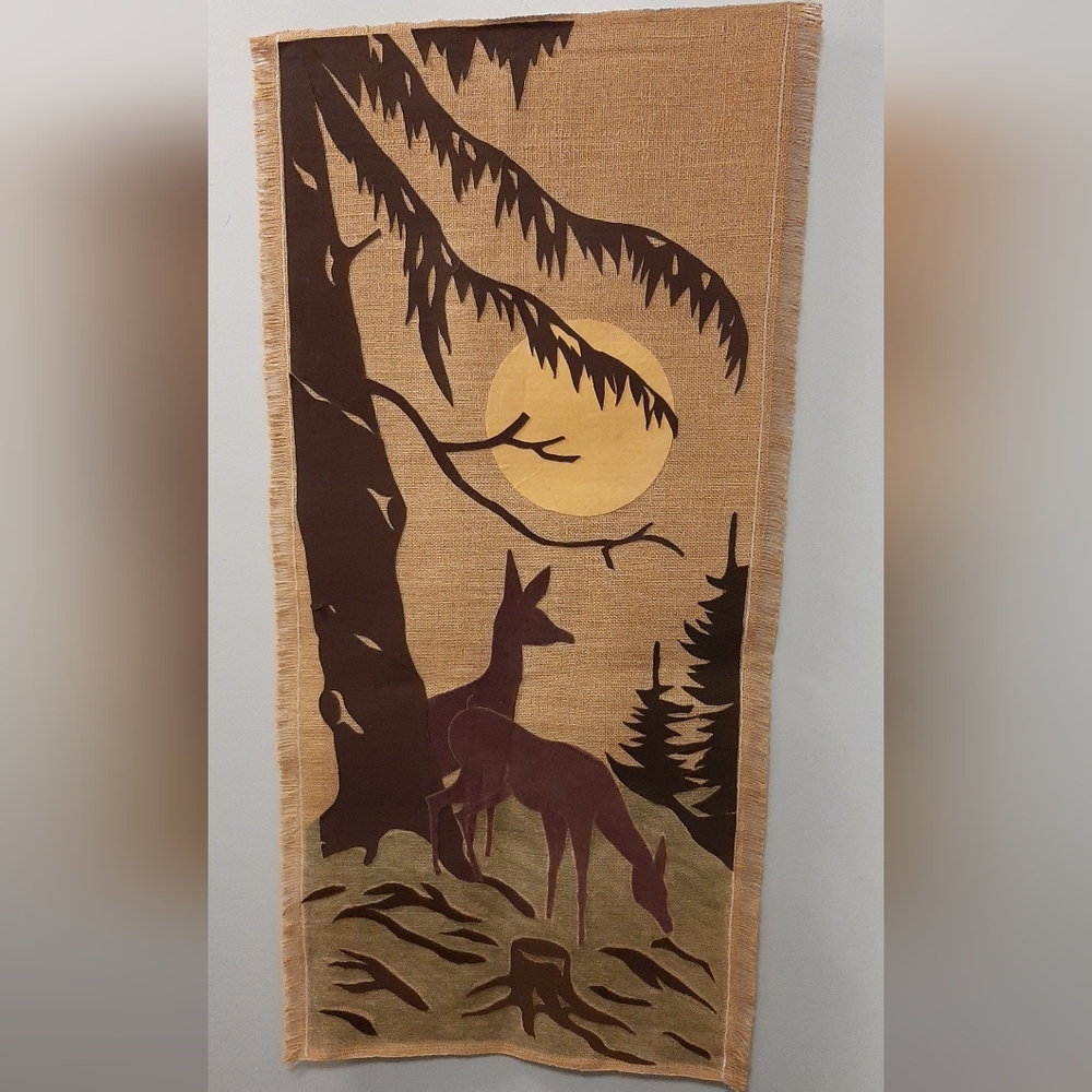 Vintage Handmade Burlap Artwork Night In The Forest 79 Fabric Art Hanging